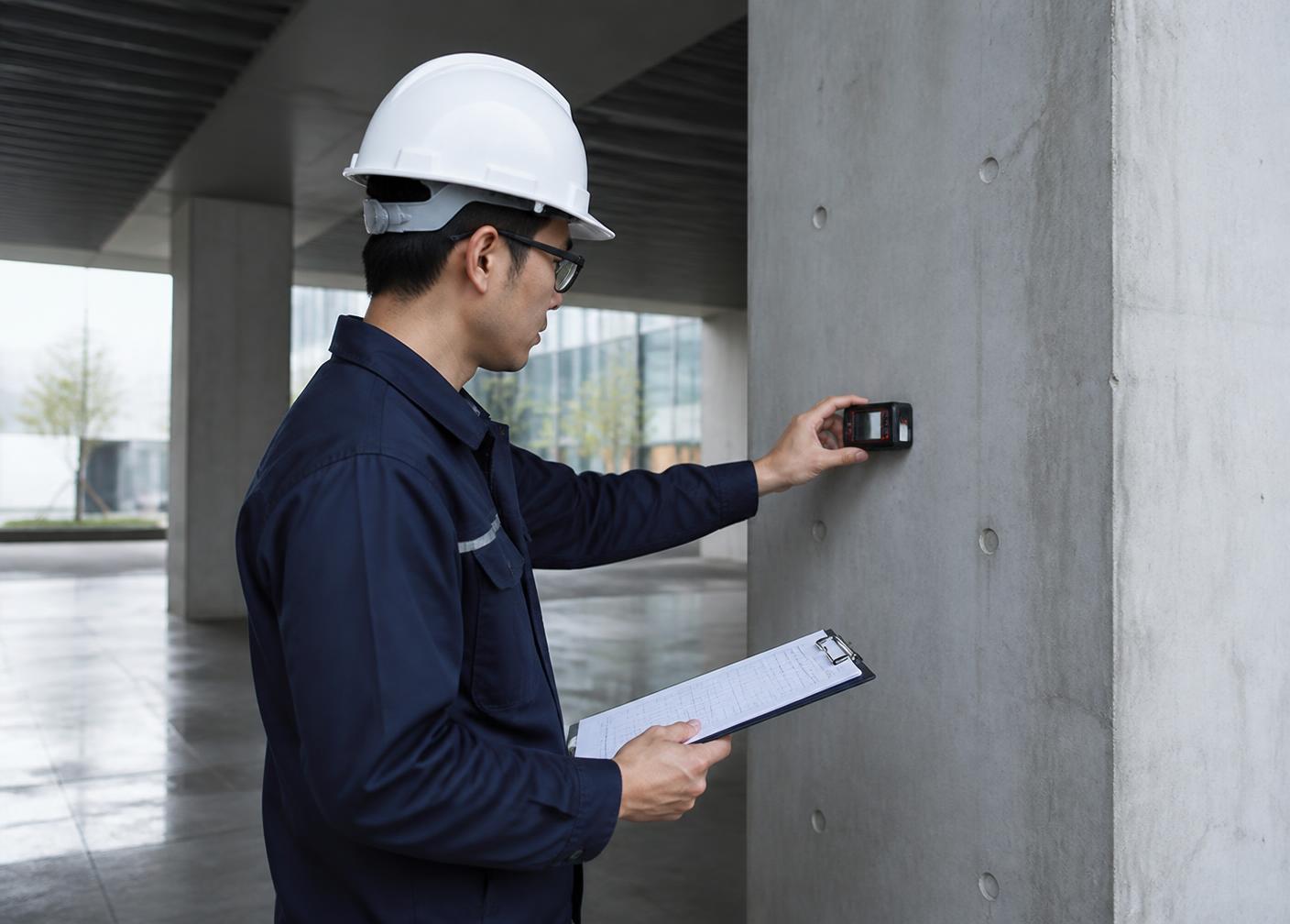 Civil engineer inspecting a concrete column with a laser distance meter